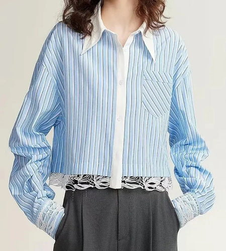 Hit Color Slimming Spliced Striped Shirts for Women Lapel Long Sleeves Patchwork Lace Temperament Shirt Female New