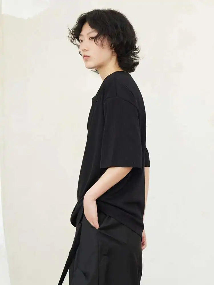 Women Black Irregular Hollow Out Big Size T-shirt New Round Neck Short Sleeve Fashion Tide Spring Summer 2025 1DF9081