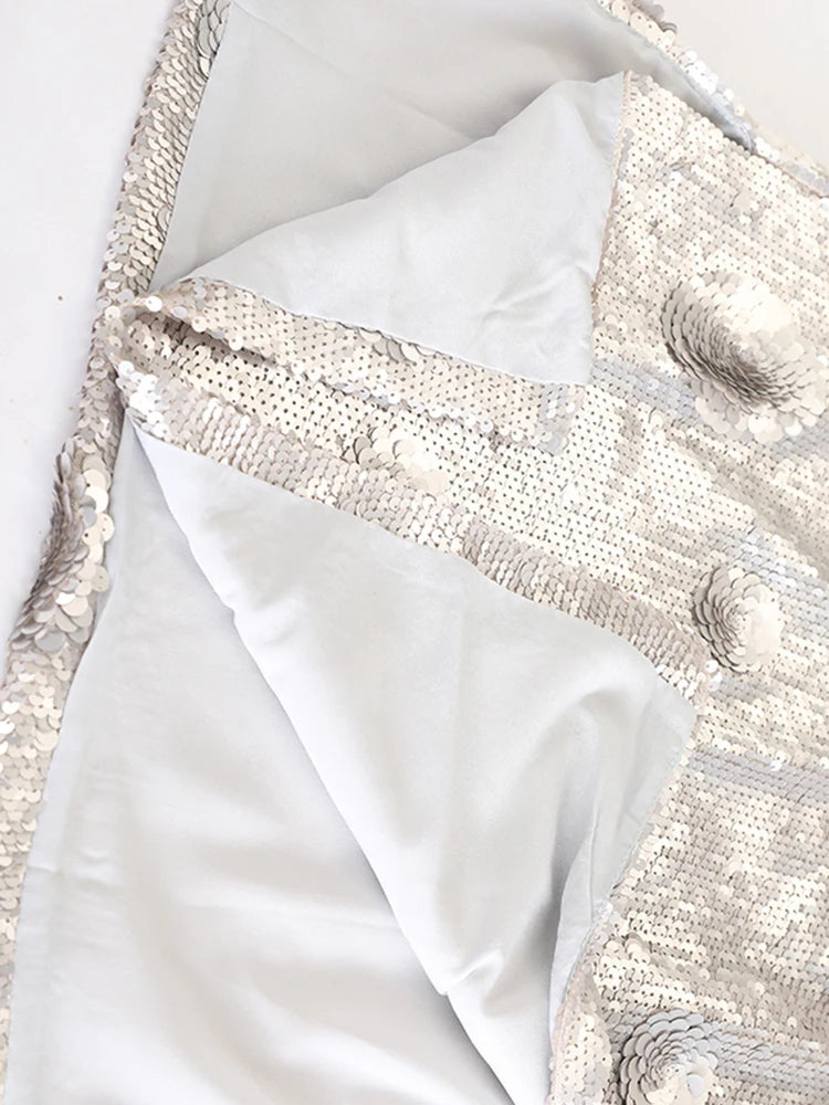 High Waist Silver Color Sequins Flower Elegant Long Half-body Skirt Women Fashion Tide New Spring Autumn 2025 1DH9955