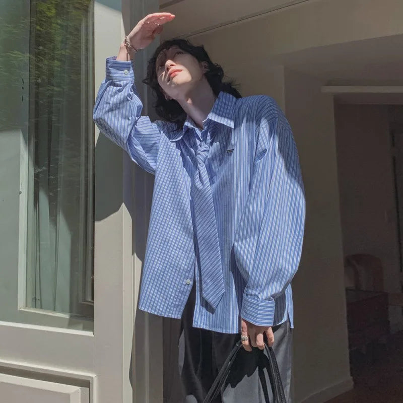 Spring Men's Long Sleeve Shirts New Striped Tie College Style Loose Casual Male Turn-down Collar Clothing 2025 9W1448