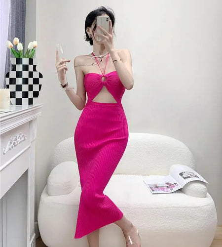 Women's Solid Elegant Sexy Club Slim Hollow Out Halter Lace-up Split Long Dress Summer Vacation Backless Knitted Party Dress