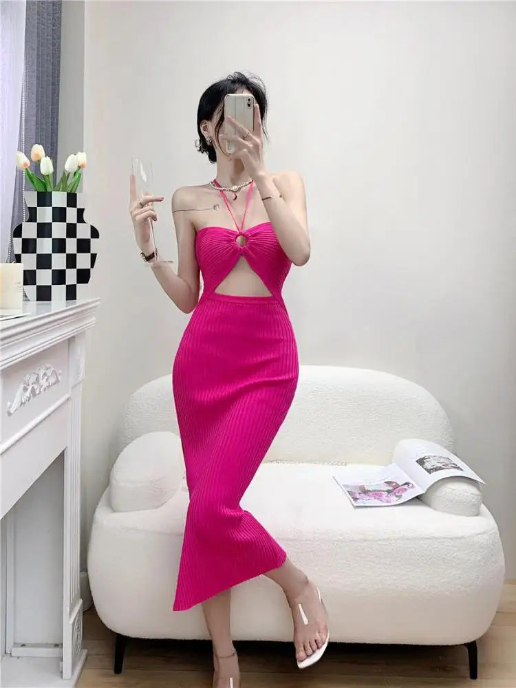 Women's Solid Elegant Sexy Club Slim Hollow Out Halter Lace-up Split Long Dress Summer Vacation Backless Knitted Party Dress