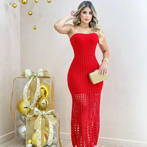 Load image into Gallery viewer, Strapless Off-shoulder Hollow Out Knit Maxi Dress For Women Gown Fashion Sleeveless Backless Beach Skinny Long Dress
