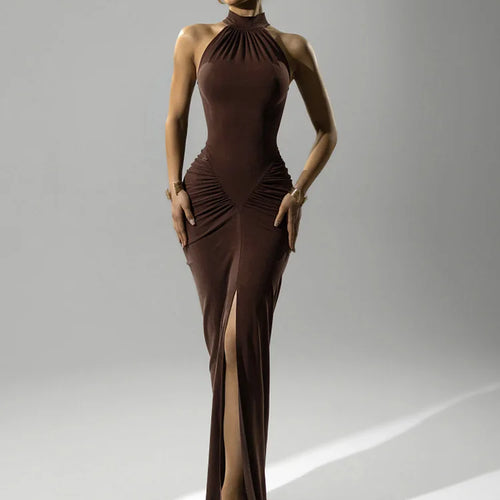 Load image into Gallery viewer, Halter Ruched Sleeveless Sexy Maxi Dress Women Gown Fashion Slim High Waist Evening Club Party Split Long Dress
