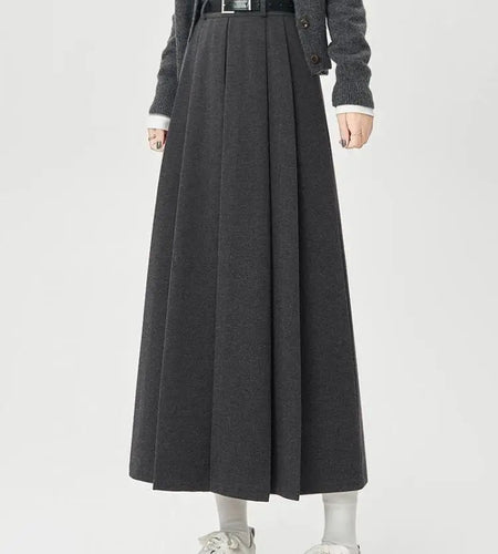 Vintage Women Solid High Waist Versatile Pleated A-line Long Woolen Skirt 2024 Autumn Winter Streetwear Simplicity Elegant Skirt