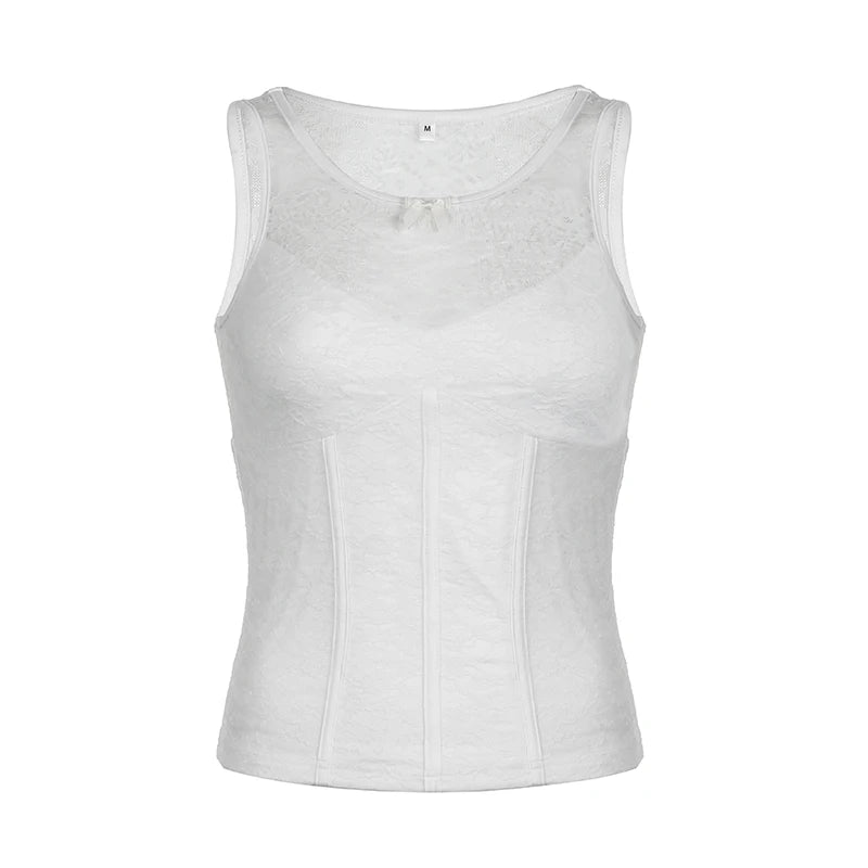 Coquette White Summer Y2K Lace Top Tanks Sleeveless Vest Bow Fashion Cutecore Corset Tops Transparent Chic Party Tees