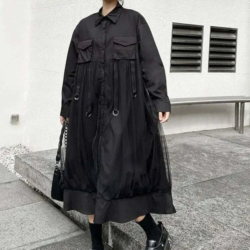 Load image into Gallery viewer, Women White Mesh Ribbons Pocket Big Size Midi Shirt Dress New Lapel Long Sleeve Fashion Tide Spring Autumn 2025 1DH8647
