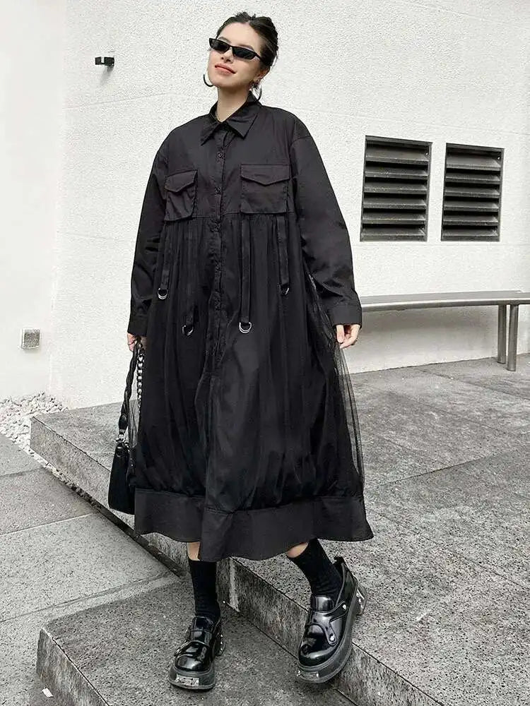 Women White Mesh Ribbons Pocket Big Size Midi Shirt Dress New Lapel Long Sleeve Fashion Tide Spring Autumn 2025 1DH8647