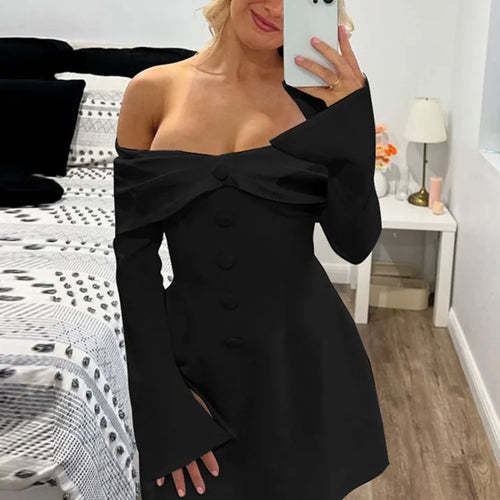 Load image into Gallery viewer, Off-shoulder Long Flare Sleeve Sexy Mini Blazer Dress For Women Autumn Winter New Strapless Backless Elegant Dress
