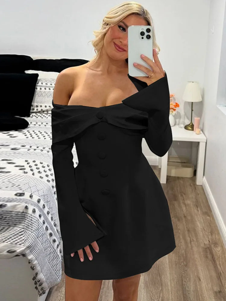 Off-shoulder Long Flare Sleeve Sexy Mini Blazer Dress For Women Autumn Winter New Strapless Backless Elegant Dress