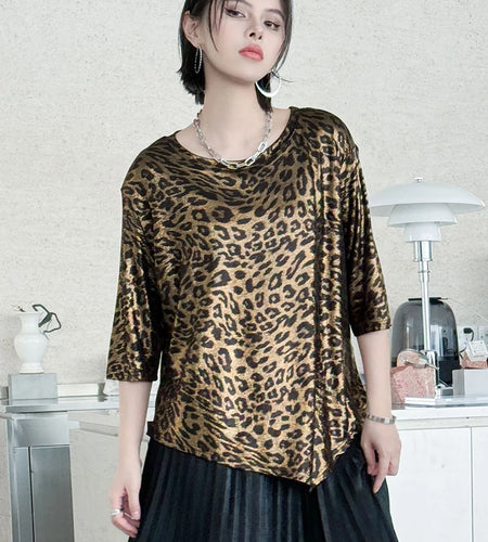 Women Leopard Printed Irregular Hem Big Size T-shirt New Round Neck Half Sleeve Fashion Tide Spring Summer 2025 1DJ0633