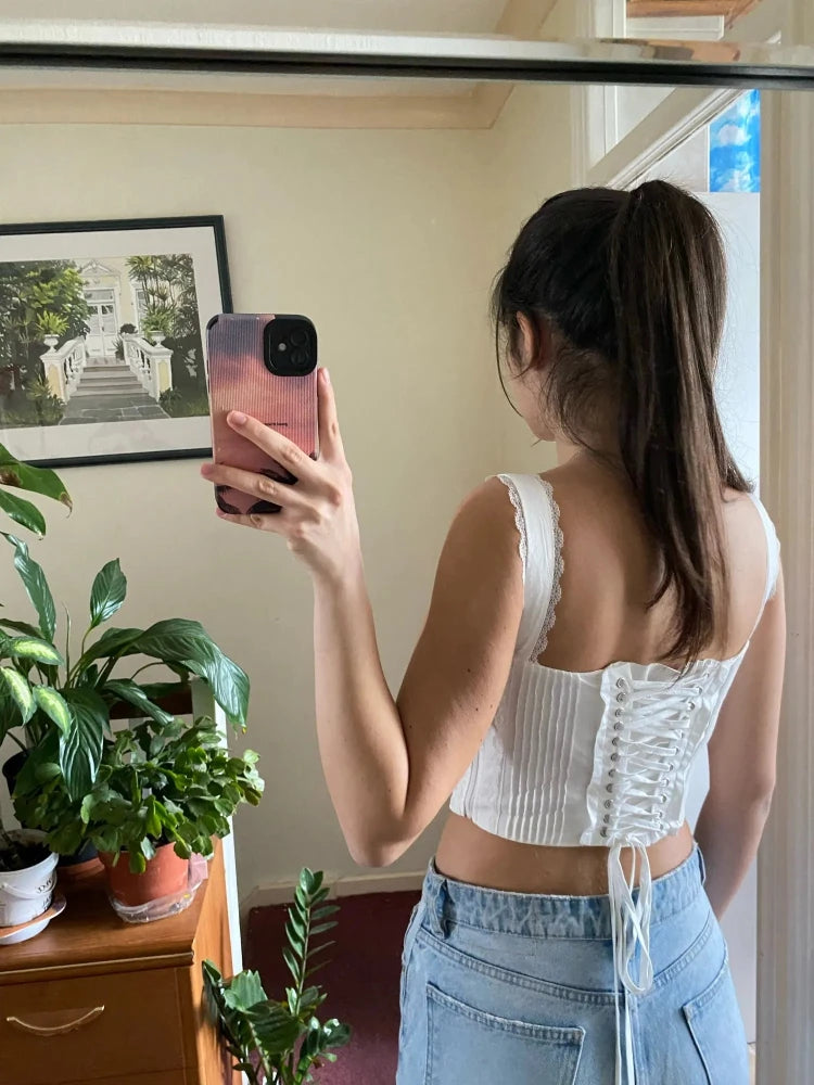 Women Summer Vintage Solid Bow Tied Cropped Tank Tops Fashion Square Collar Sleeveless Backless Female Casual Chic Tops