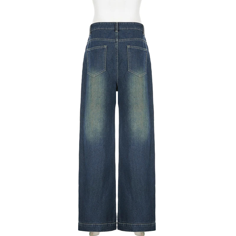 Korean Fashion Stitching Low Rise Baggy Pants Jeans Women Harajuku Distressed Denim Wide Leg Trousers Bottoms Outfits