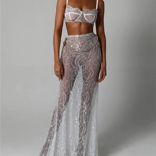 Load image into Gallery viewer, See Through Lace Two Piece Skirt Sets Women Crop Top And Maxi Skirt Sets Elegant Party Beach Sexy Two Piece Set
