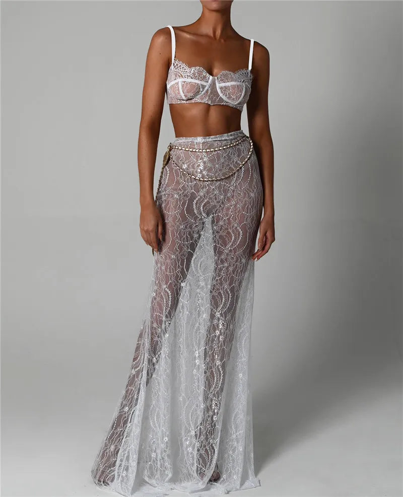 See Through Lace Two Piece Skirt Sets Women Crop Top And Maxi Skirt Sets Elegant Party Beach Sexy Two Piece Set