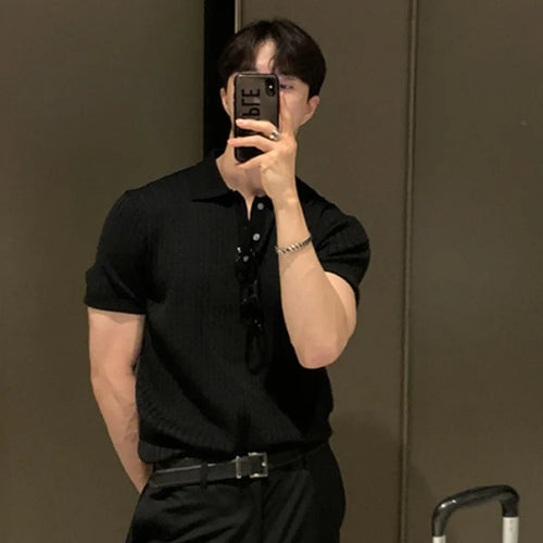 Load image into Gallery viewer, Summer Men&#39;s T-shirts Knitted Business Casual Korean Style Turn-down Collar Short Sleeve Pullover Male Tops 9C6346
