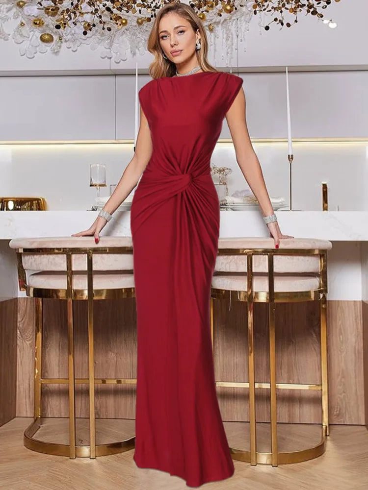 Elegant Sleeveless Round Neck Long Dress For Women Spring Summer 2025 New Temperament Slim Party Club Evening Dress