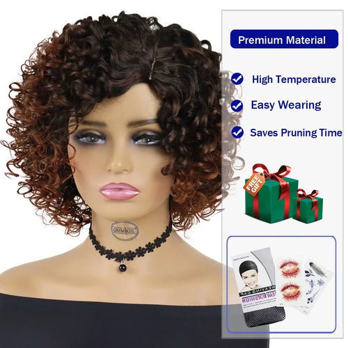 Load image into Gallery viewer, Synthetic Curly Wigs for Women Short Brown Ombre Wig with Side Bangs Natural Haircuts for Daily Use Replacement Wigs
