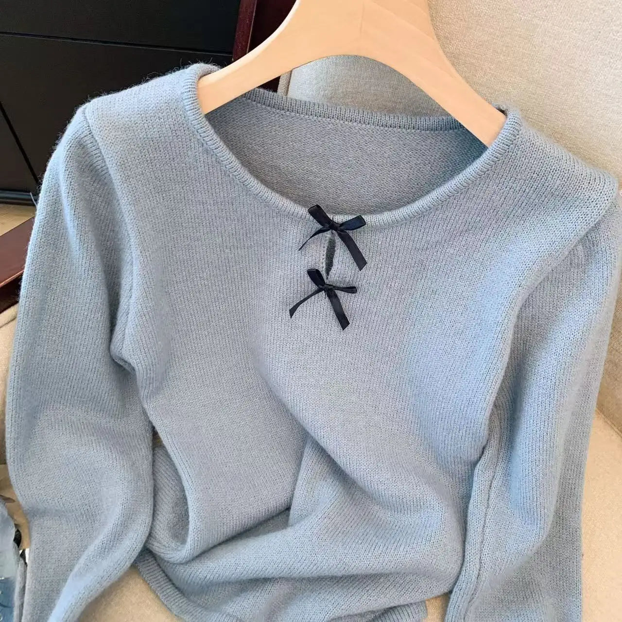 Autumn Winter Blue Bow Long Sleeves Knitted Sweater French Fashion Women's Grey Round Neck Elegant Short Tops Streetwear Trendy