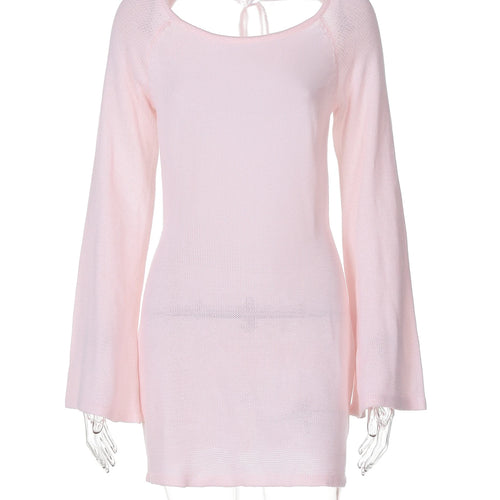 Load image into Gallery viewer, Elegant Knitted Long Flare Sleeve Backless Lace Up Sexy Bodycon Mini Prom Dress Autumn Women Y2K Clothes Birthday Party
