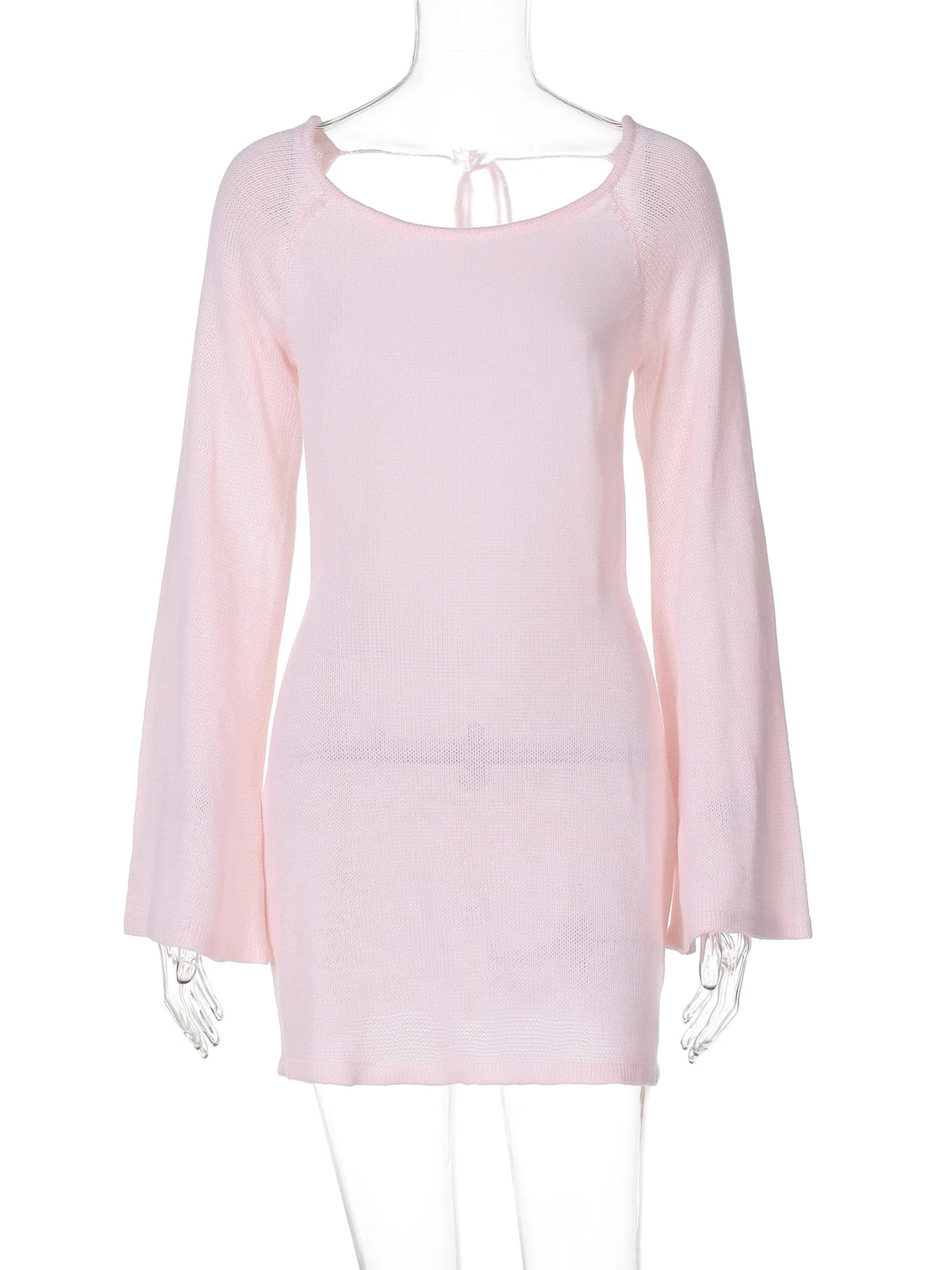 Elegant Knitted Long Flare Sleeve Backless Lace Up Sexy Bodycon Mini Prom Dress Autumn Women Y2K Clothes Birthday Party