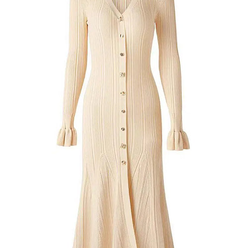 Load image into Gallery viewer, French Autumn 2024 New Women's Black Beige Single Breasted Temperament Knitted Dress Elegant Slim Office Lady Long Sleeve Dress
