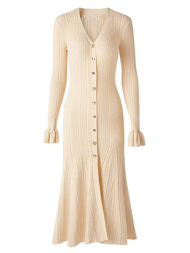 French Autumn 2024 New Women's Black Beige Single Breasted Temperament Knitted Dress Elegant Slim Office Lady Long Sleeve Dress