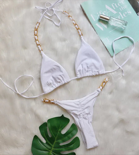 Metal Chain Bikini 2024 Sexy Push Up Swimwear Women Nylon Brazilian Swimsuit Thong Biquini Two Piece Bathing Suit