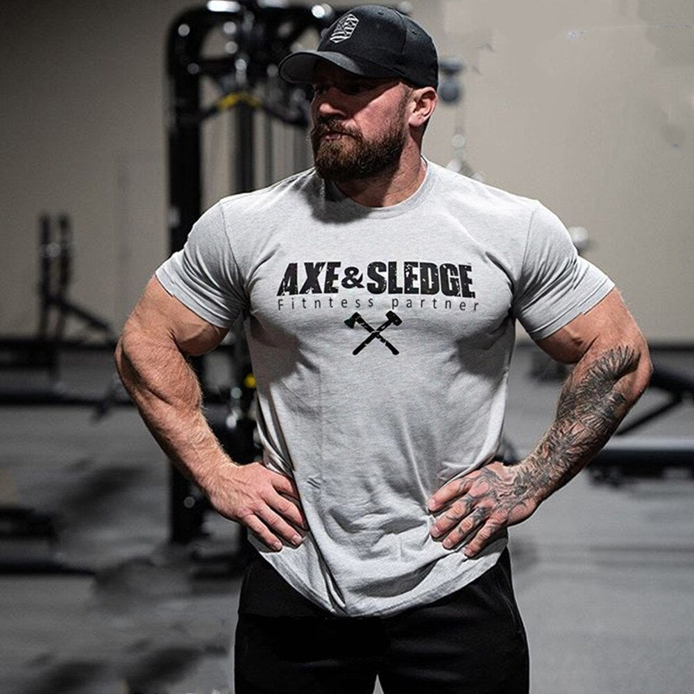Cotton Casual T-shirt Men Short Sleeve Black Tees Male Gym Fitness Tops Summer Bodybuilding Sport Crossfit Training Clothing