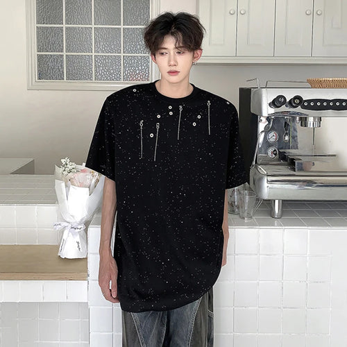 Load image into Gallery viewer, Niche Design Men&#39;s T-shirt Round Collar Short Sleeve Loose Male Tassel Rivet Shoulder Pad Male T-shirts Casual Tees 9C6251
