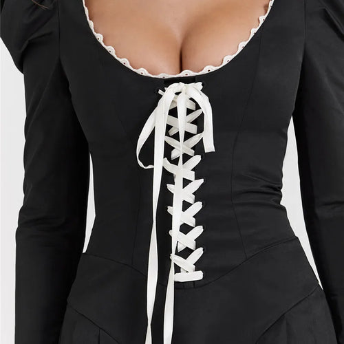 Load image into Gallery viewer, Lace Bandage Puff Sleeve Mini Dress For Women 2023 Autumn Winter New Square Collar Ruched Dress Vintage Elegant
