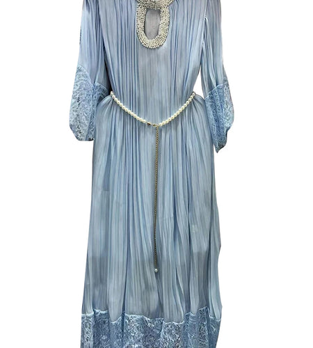 Solid Loose Long Dress For Women O Neck Long Sleeve High Waist Hollow Out Spliced Pearl Dress Female Fashion Style