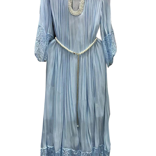 Load image into Gallery viewer, Solid Loose Long Dress For Women O Neck Long Sleeve High Waist Hollow Out Spliced Pearl Dress Female Fashion Style
