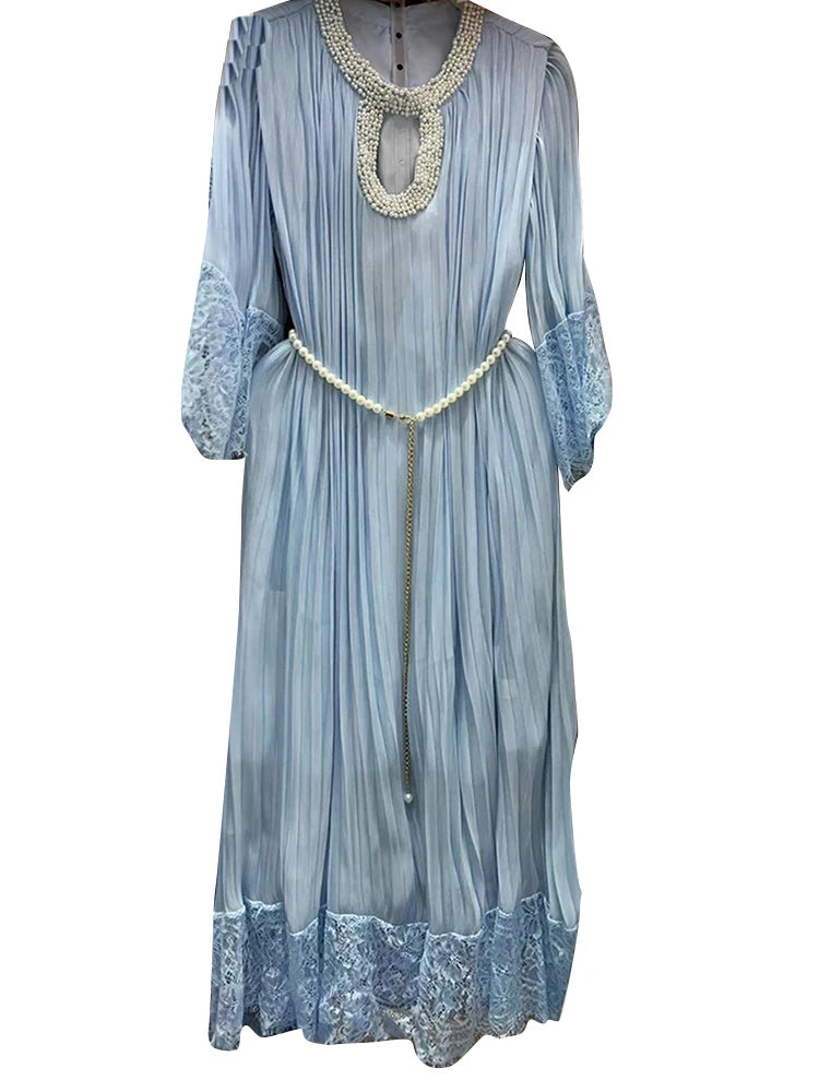 Solid Loose Long Dress For Women O Neck Long Sleeve High Waist Hollow Out Spliced Pearl Dress Female Fashion Style