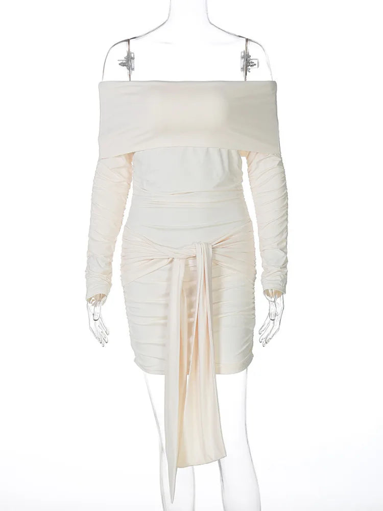 Off-shoulder Long Sleeve Ruched Sexy Mini Dress For Women Fashion Strapless Backless Bodycon Draped Club Dress New