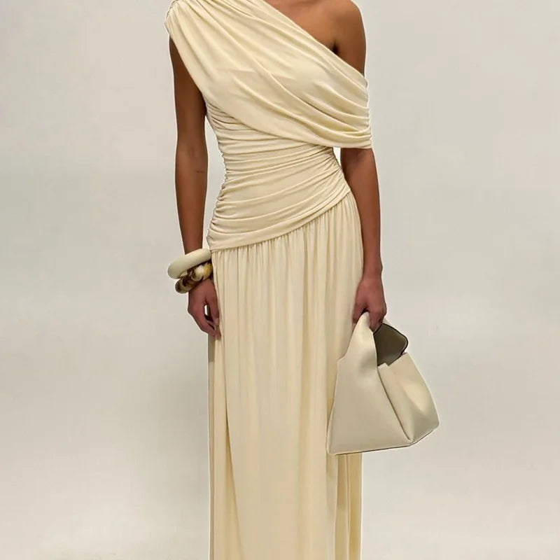 Incline Shoulder Backless Sexy Maxi Dress Women Summer New Fashion Sleeveless Pleated Ruched Club Party Long Dress