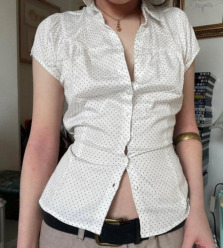 Fashion Polka Dot Printed Satin White Shirts Women Elegant Back Lace-Up Button-Fly Blouse Summer Short Sleeve Top New