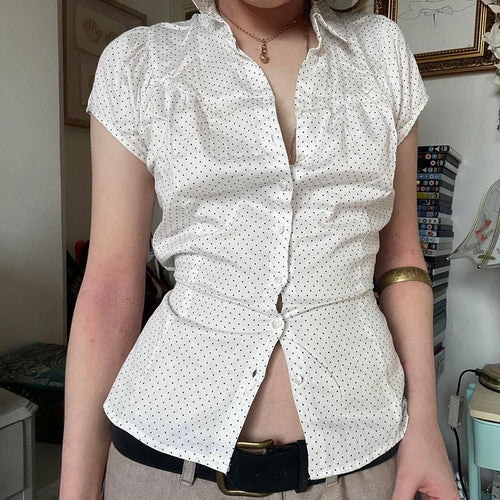 Load image into Gallery viewer, Fashion Polka Dot Printed Satin White Shirts Women Elegant Back Lace-Up Button-Fly Blouse Summer Short Sleeve Top New
