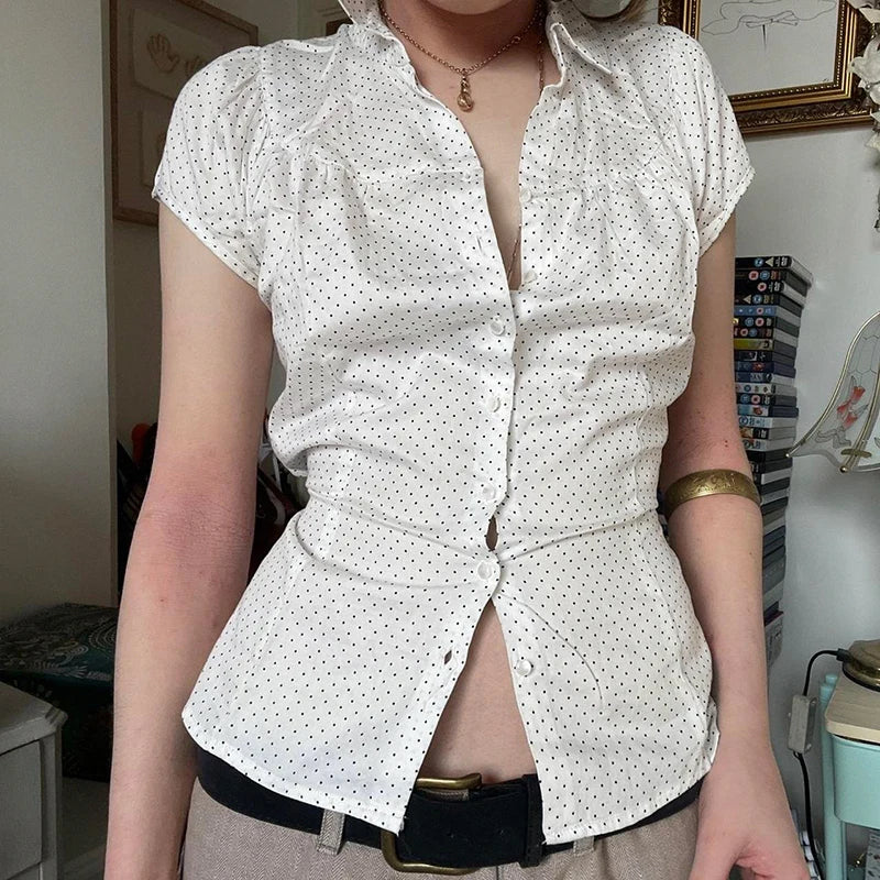 Fashion Polka Dot Printed Satin White Shirts Women Elegant Back Lace-Up Button-Fly Blouse Summer Short Sleeve Top New