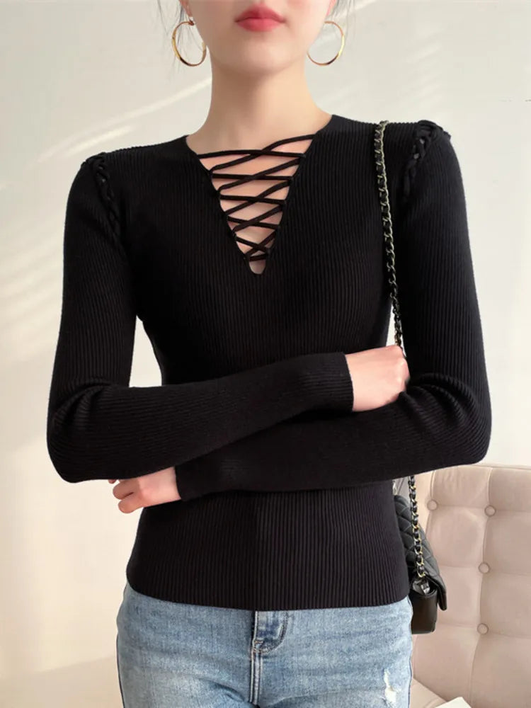 Fashion Knitted Long Sleeve Hollow Sweater Female Sexy Deep V-neck Cross Elastic Autumn/Winter New 2025 Street Clothing