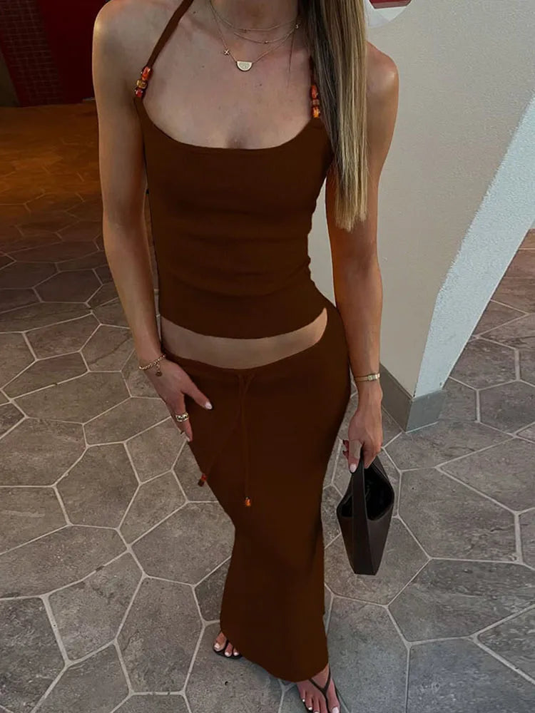 Lace-Up Halter 2 Piece Set Women Pearl Shirring Fashion Backless Crop Tops+Stretch Skirts Vacation Slim Beach Party Suits