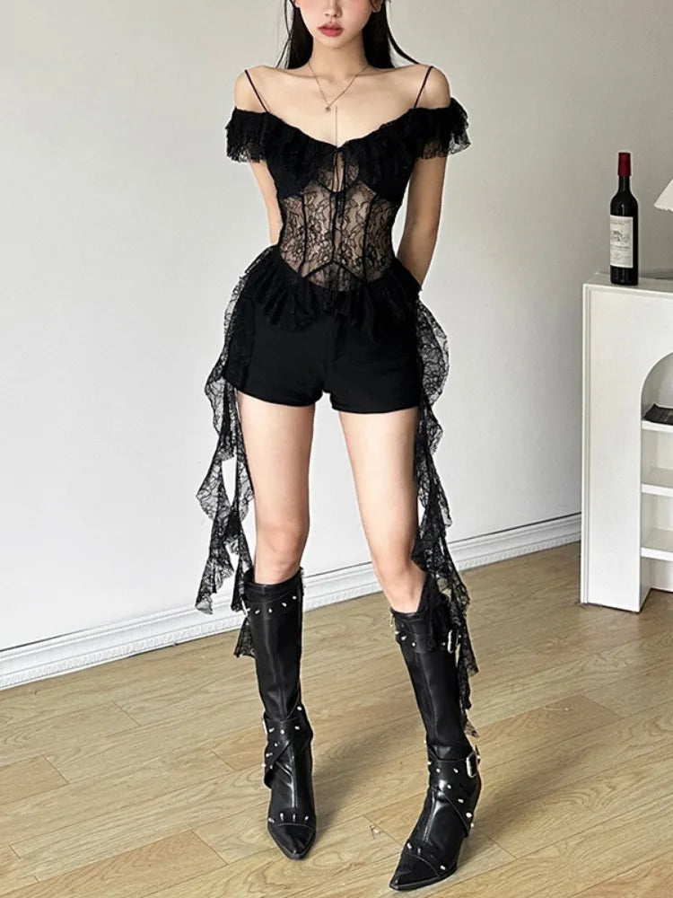 2025 Y2k Aesthetic Lace Irregular Tops Vintage Harajuku Hollow Out Summer T-Shirt Streetwear See Through Shirt Fairy Bandage Tee