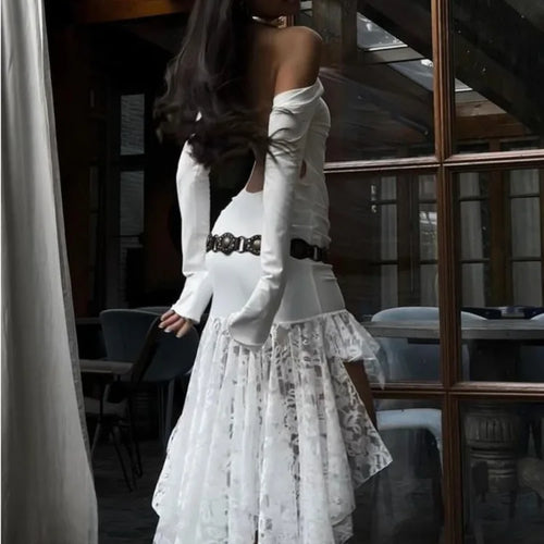 Load image into Gallery viewer, Elegant Long Sleeved Lace Patchwork Bodycon Dress Female Sexy Irregular Female Vestido Autumn/winter Party Evening Dress
