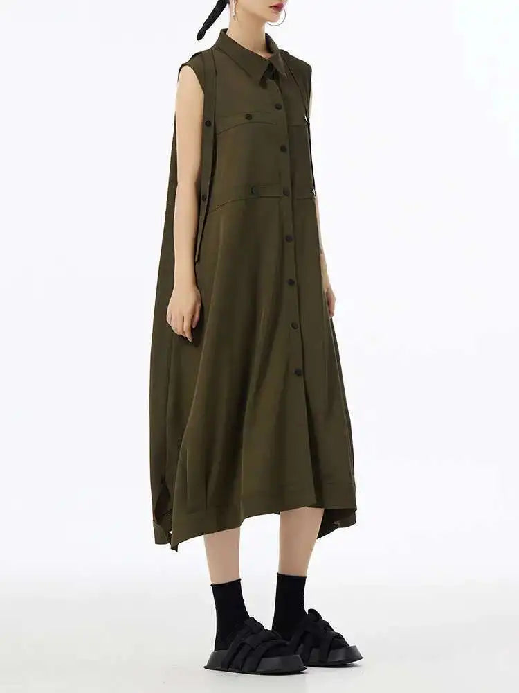 Women Army Green Button Big Size Midi Casual Shirt Dress New Lapel Sleeveless Fashion Tide Spring Summer 2025  1DH6614
