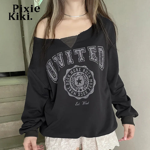 Load image into Gallery viewer, Trashy Y2k Graphic Sweatshirts Off Shoulder Long Sleeve Tees Baggy Hoodies Pullovers Women Clothing 2024 P84-CC24
