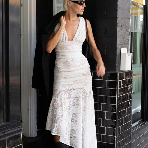 Load image into Gallery viewer, Lace Ruched Sexy Maxi Dress Women Gown White Patchwork Deep V Neck Sleeveless Backless High Waist Long Tank Dress
