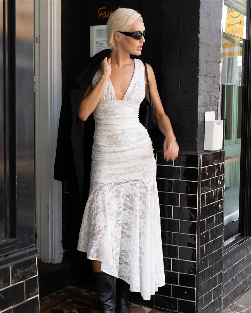 Lace Ruched Sexy Maxi Dress Women Gown White Patchwork Deep V Neck Sleeveless Backless High Waist Long Tank Dress