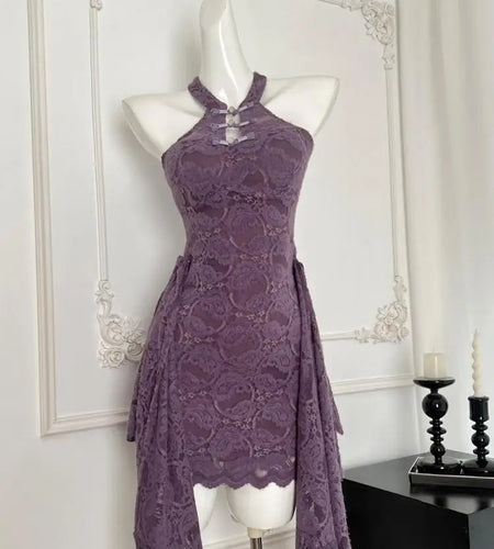 Vintage Chinese Style 2024 Women Fashion Purple Lace Sexy Sleeveless Button Dress Summer Elegant Off Shoulder Slim Short Dresses