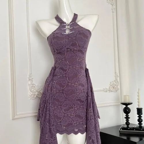 Load image into Gallery viewer, Vintage Chinese Style 2024 Women Fashion Purple Lace Sexy Sleeveless Button Dress Summer Elegant Off Shoulder Slim Short Dresses
