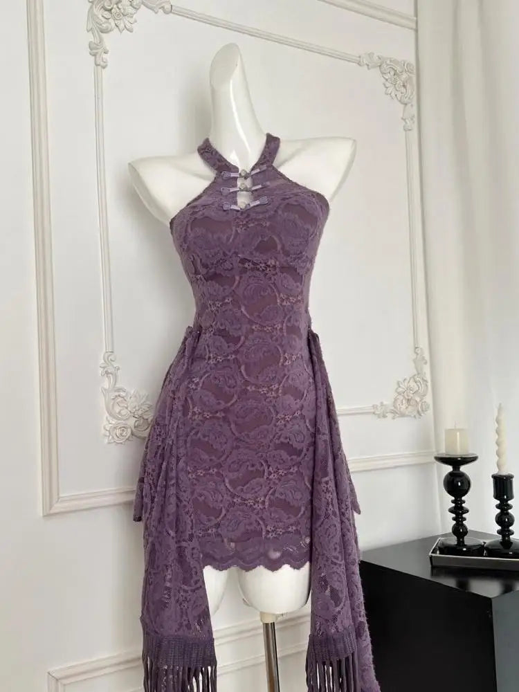 Vintage Chinese Style 2024 Women Fashion Purple Lace Sexy Sleeveless Button Dress Summer Elegant Off Shoulder Slim Short Dresses